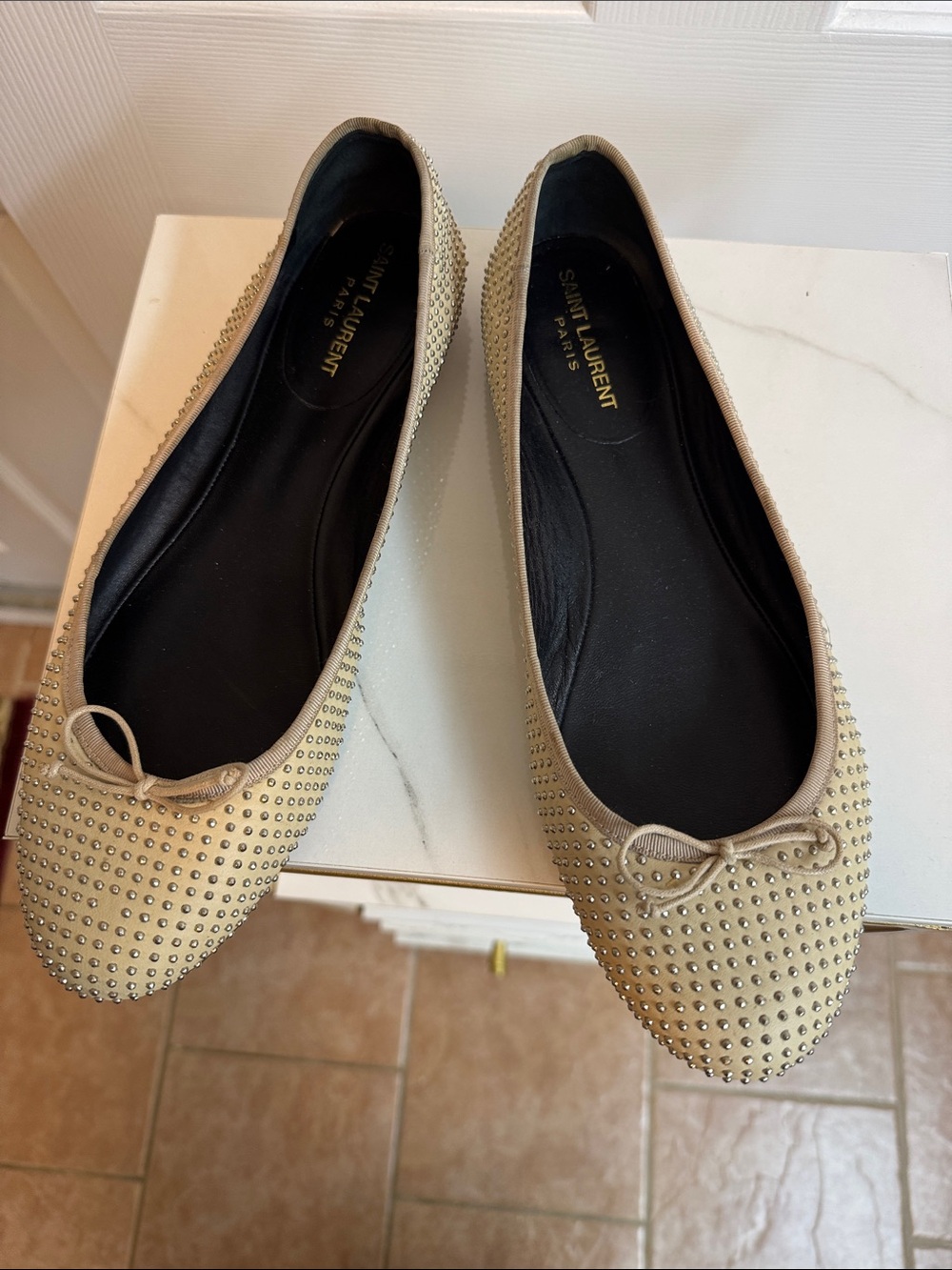 Saint Laurent Nude Studded Leather Ballet Flats
